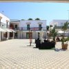 Cortile con sedie, tavoli e piante verdi.