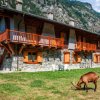 Chalet con balconi di legno e una capra.