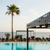 Piscina vista mare con una palma e una tettoia.