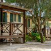 Bungalow di legno con verande e un albero, immersi nel verde.