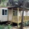 Casa mobile con veranda in legno nel bosco.