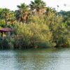 Vista sul lago con bungalow tra le piante.