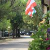 Un campeggio alberato con bandiere e fiori colorati lungo un viale soleggiato.