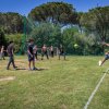 Gruppo di ragazzi gioca a calcio su un campo erboso con reti verdi.