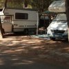 Camper parcheggiati sotto gli alberi in un'area campeggio.