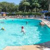 Persone che nuotano in una piscina all'aperto, con lettini e ombrelloni intorno.