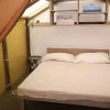 Camera con letto matrimoniale, mensola sopra il letto e pianta su comodino.