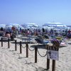Spiaggia affollata con lettini, ombrelloni bianchi e persone che prendono il sole.