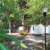 Una casa mobile tra gli alberi con un vialetto lastricato.