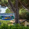 Insegna di un campeggio tra gli alberi con la scritta 