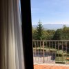 Vista da finestra su giardino con montagna.