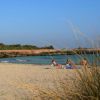 Spiaggia sabbiosa con alcune persone sedute vicino al mare.