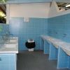 Lavandini e doccia in un bagno pubblico con piastrelle blu.